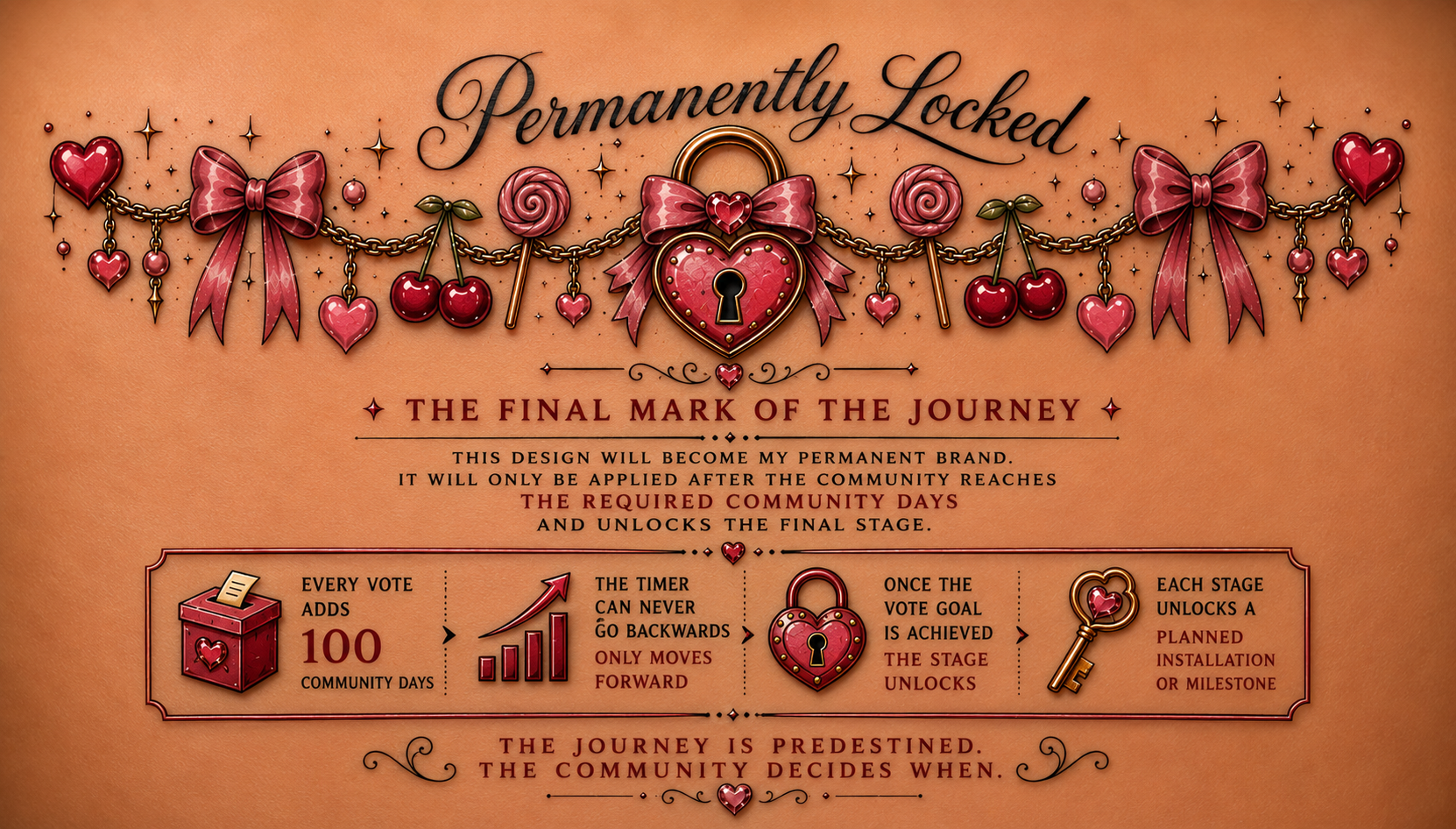 The Final Mark of the Journey — every vote adds 100 community days, the timer only moves forward, and each stage unlocks a planned installation or milestone.